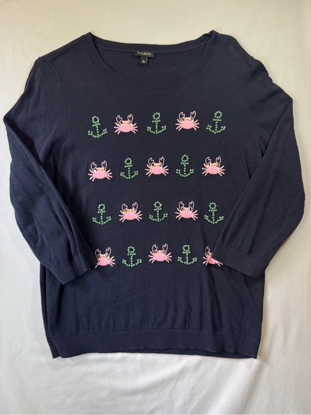 Talbots Women’s L Navy Nautical Sweater w/ Crab & Anchor Details